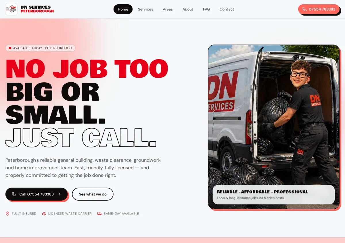 Custom website built by Website and Design for DN Services, a custom website in Peterborough